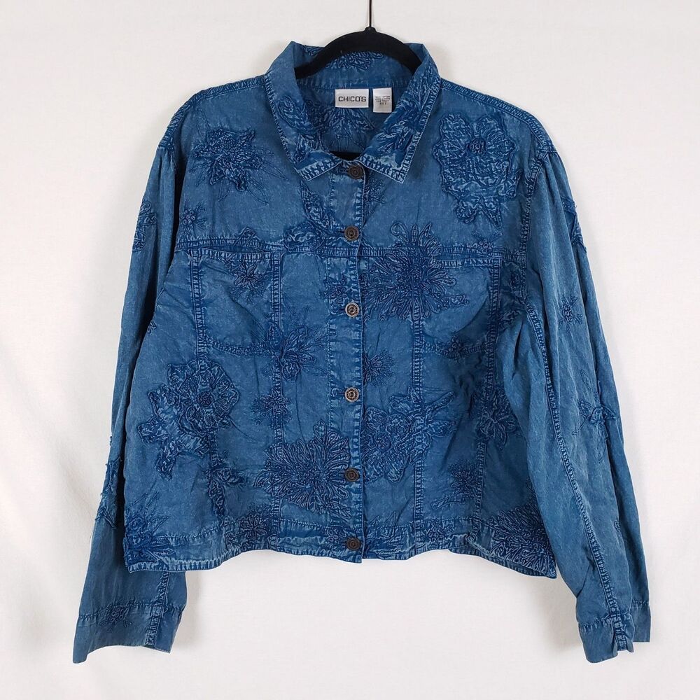Chico's Art to Wear Denim Style Shacket Womens XL Art Teacher Boho Relaxed Fit